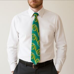 Vintage Pierre Dumas Green & Gold Swirl Print Necktie Retro Statement Accessory